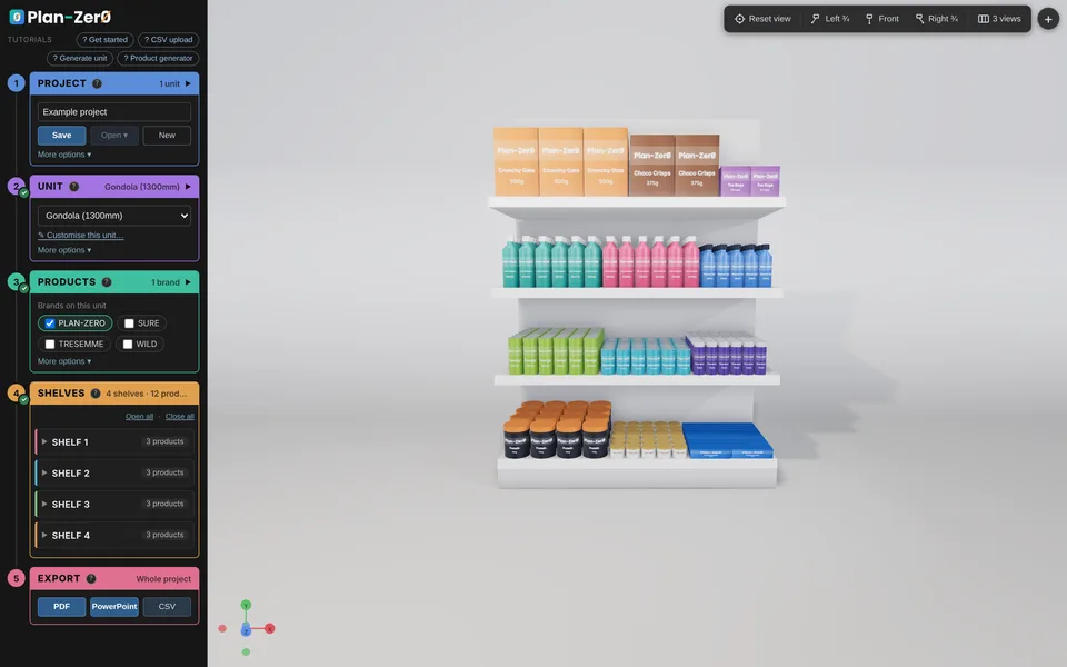 The Plan-Zero app showing a stocked four-shelf display unit in 3D.